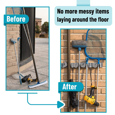 Before and after of Aluminum Wall Mount Storage Rack With Four Hooks Built To Last Lightweight Durable Ideal Broom And Mop Holder