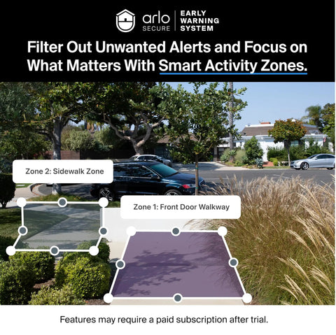 Diagram showing 2K Video Doorbell With Chime 2 smart activity zones on a front yard walkway and sidewalk for focused alerts.