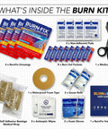Front view of burn kit with 4 BurnFix dressings, 8 burn gel packets, 2 gauze rolls, scissors, foam tape, wipes, gloves