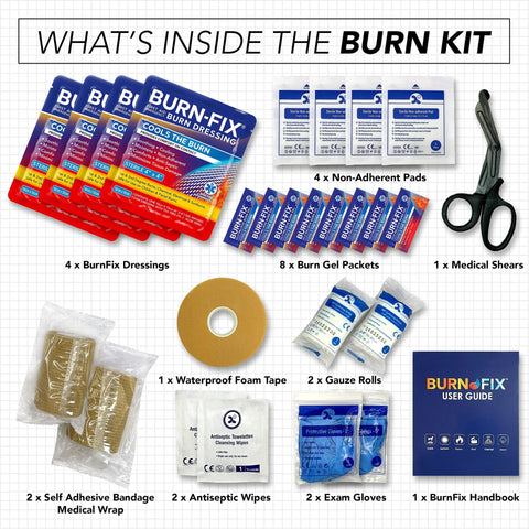 Front view of burn kit with 4 BurnFix dressings, 8 burn gel packets, 2 gauze rolls, scissors, foam tape, wipes, gloves