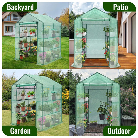Heavy Duty Walk In Greenhouse For Backyard Growers With Thick Poly Cover And Window, 57 x 57 x 76 Inches, 3 Tiers Eight Shelves, Durable Greenhouse Kit For Indoor Or Outdoor Use