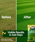 Before and after image showing improved lawn with 16-4-8 With Humates Lawn Fertilizer For Grass, 40 lb bag in foreground.