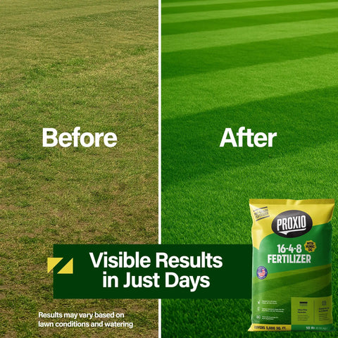 Before and after image showing improved lawn with 16-4-8 With Humates Lawn Fertilizer For Grass, 40 lb bag in foreground.