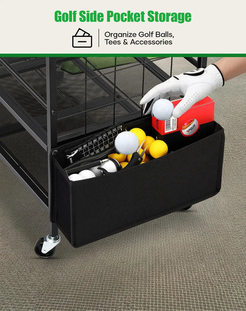 Two Tier Golf Bag Storage Organizer for Garage Holds Two Golf Bags Plus Extra Clubs Shoes Balls and Accessories with Side Ball Pouch
