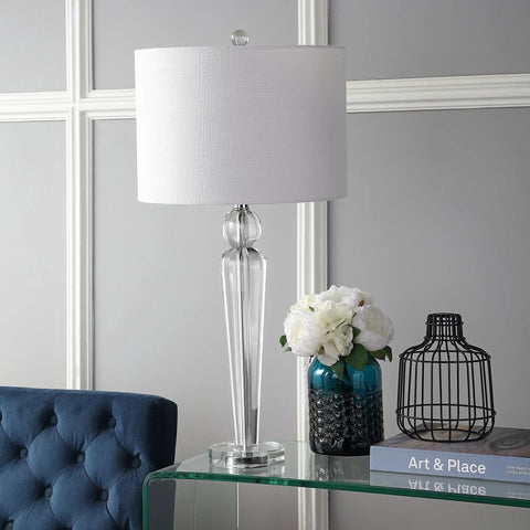 Crystal Clear Table Lamp In Modern Glam Style With White Linen Drum Shade, Sleek Chrome Finish, LED Bulb Included, ETL Listed