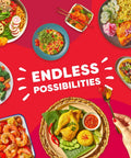 Assortment of colorful dishes representing meals made with a 7 In 1 Electric Pressure Cooker With App For Recipe Library on a red background