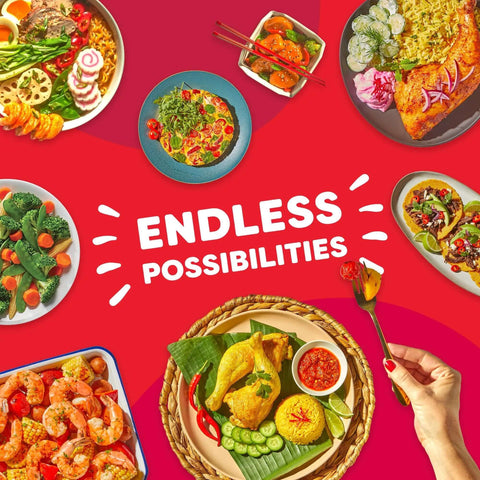 Assortment of colorful dishes representing meals made with a 7 In 1 Electric Pressure Cooker With App For Recipe Library on a red background
