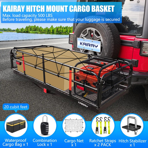 Heavy Duty Hitch Mount Cargo Carrier 60x24x14 Inch Folding Rear Luggage Basket For 2 Inch Receivers Fits Cars And SUVs with gear