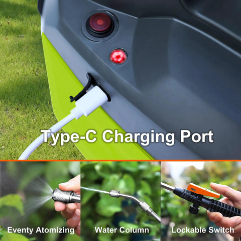 Type-C charging port on Es4 Electric Sprayer 1 Gallon with Built In 4000mAh Rechargeable Battery Copper Nickel Nozzle Telescopic Wand