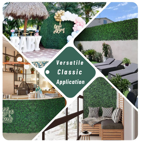Dope Realistic High-Density Artificial Boxwood Panels 12 Pack 20 By 20 Inch Backdrops With UV Protection in various settings