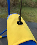Close-up of Endurance Agility Tire Jump for Dogs With Lightweight PVC Frame showing yellow and blue components and cord detail.