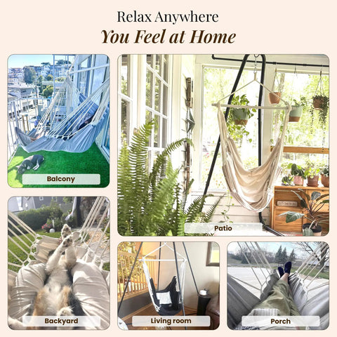 Collage of Cozy Full Body Hammock Chair with Foot Rest in various settings: balcony, patio, backyard, living room, porch.