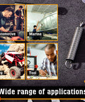 Stainless steel extension spring on textured black surface; banner shows automotive, marine, toy, and tool panels.