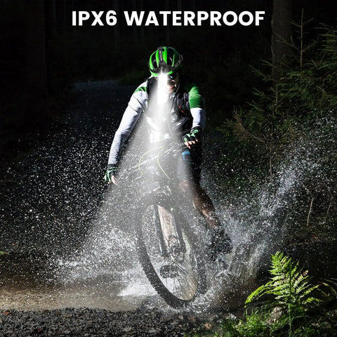 Cyclist with Two Pack Rechargeable Headlamp 99,000LM Ultra Bright With 3 Modes And 90 Degree Adjustable Beam IPX6 Waterproof Headlamp