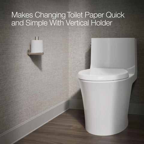Avid Vertical Toilet Paper Holder in Brushed Nickel Finish No Fuss Quick Change Sleek Modern Bathroom Accessory beside toilet