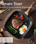 11 Inch Nonstick Grill Pan For Steak With Granite Coating, square skillet with steak, eggs, tomatoes, and asparagus
