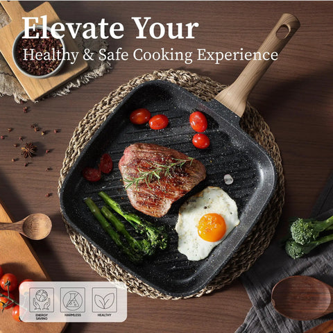 11 Inch Nonstick Grill Pan For Steak With Granite Coating, square skillet with steak, eggs, tomatoes, and asparagus