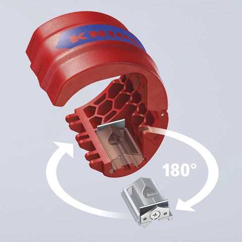 BiX Pipe Cutter For 3/4 Inch To 2 Inch Pipes With 3/32 Inch Wall Thickness, showing reversible blade head at 180-degree angle