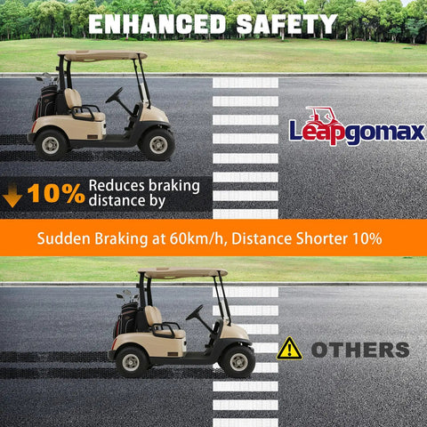 Golf cart on road showing reduced stopping distance with Rear Golf Cart Brake Assembly Kit for TXT PDS Medalist and Yamaha
