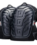 Black heavy duty gel knee pads for work with soft foam cushion and thick gel, adjustable straps, reinforced rivets, front view.