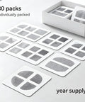 Hair Drain Stickers Disposable Hair Catcher for Shower Drain in a box, showing 30 individually packed square pads, mesh design.