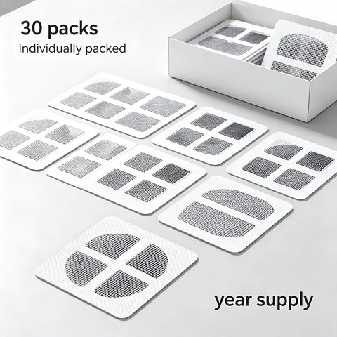 Hair Drain Stickers Disposable Hair Catcher for Shower Drain in a box, showing 30 individually packed square pads, mesh design.