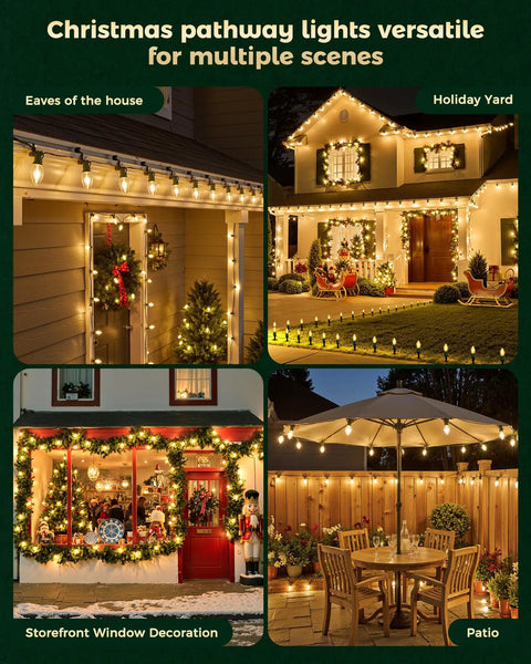 Outdoor Christmas Pathway Lights 2 Pack, 51.4 Ft Total, 40 Bulbs illuminating house eaves, holiday yard, storefront, and patio.