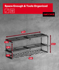 Power Tool Organizer Wall Mount Three Tier Tool Storage Rack dimensions on grey background