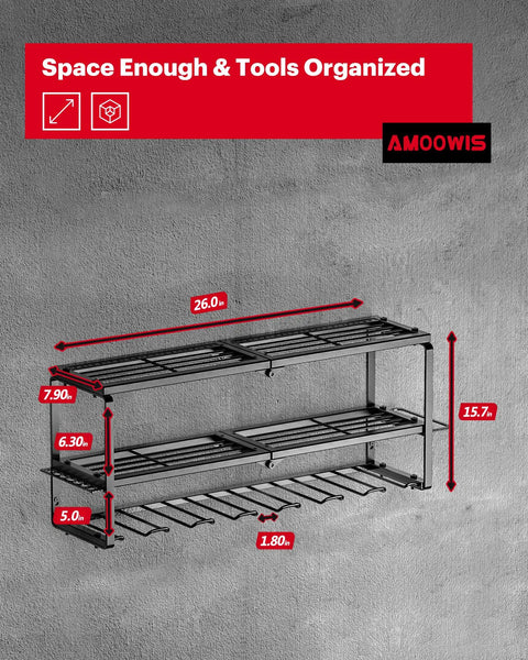 Power Tool Organizer Wall Mount Three Tier Tool Storage Rack dimensions on grey background