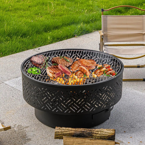 26-Inch Wood Burning Fire Pit Table With Grill And Lid For Outdoor Use showing BBQ with food on geometric cutout design.