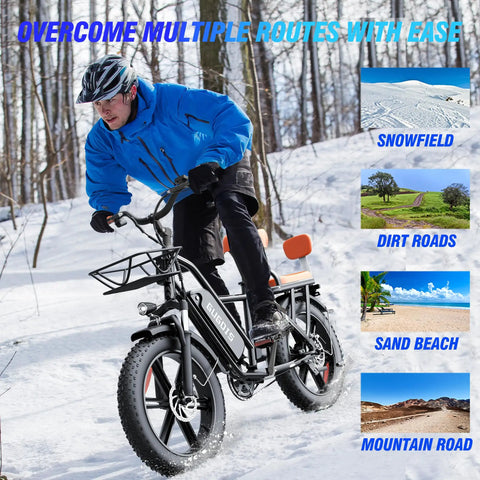 Two Seater Fat Tire Electric Bike With 1000W Peak Motor Up To 60 Mile Range Large Removable Battery 20 Inch All Terrain E Bike For City Commutes And Weekend Rides in snow