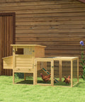 75 Inch Wooden Chicken Coop With Nesting Box And Removable Tray, Outdoor Hen House With Ramp Run For Garden Backyard, Natural Wood Construction, Large Outdoor Run, Easy Clean Up And Predator Safe Design shown with chickens in yard