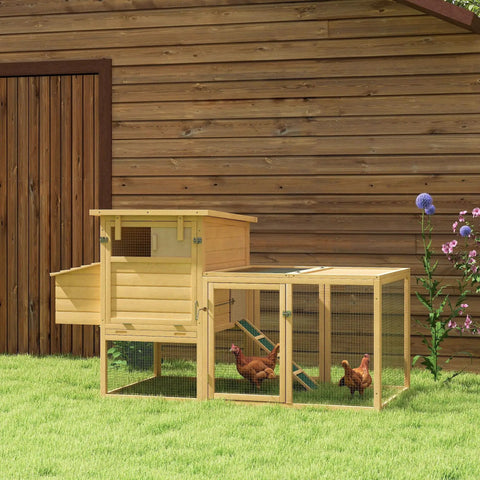 75 Inch Wooden Chicken Coop With Nesting Box And Removable Tray, Outdoor Hen House With Ramp Run For Garden Backyard, Natural Wood Construction, Large Outdoor Run, Easy Clean Up And Predator Safe Design shown with chickens in yard