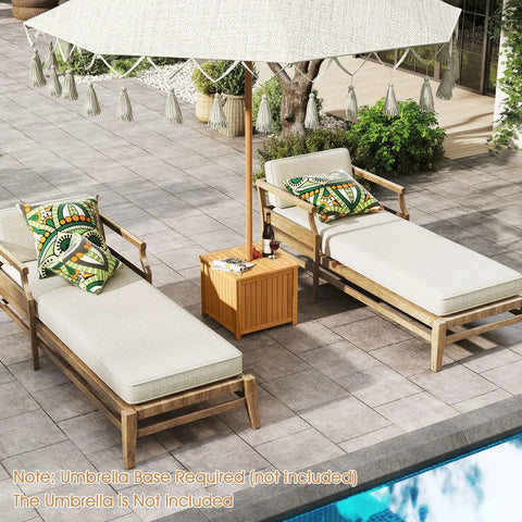 2 In 1 Outdoor Side Table With Storage In Acacia Wood Slatted Design With Umbrella Hole between two loungers by poolside