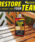 Hella Smooth Golden Teak Oil And Wood Finish For Outside Furniture And Boat Decks With Uv Guard Tung Blend And Quick Dry Action For A Zero Fuss Rich Shine In 16 Oz Package on restored teak wood furniture.