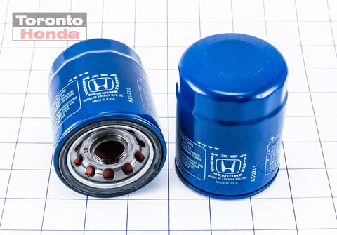 Genuine OEM Honda Oil Filter 15400-PLM-A02 direct fit blue part for cars and SUVs, showing side and top view on grid background.