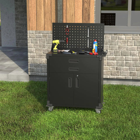 Heavy Duty Black Tool Cart On Wheels With Pegboard And 4 Hooks, Garage Storage Cabinet With Two Drawers And Lockable Doors outside