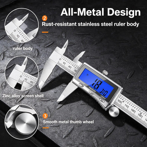 6 Inch Rechargeable Digital Caliper with Backlit LCD USB C Charging Stainless Steel Measuring Tool 0 to 150 mm Inch close-up of ruler body
