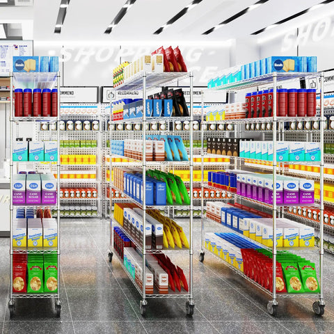 Built Like A Tank 6 Tier Wire Shelving Unit, 6000 Lbs Heavy Duty Metal Storage Rack With Adjustable Height And Smooth Roll Wheels, Industrial Steel Garage Organizer For Power Tools And Equipment displaying assorted products in a retail setting.