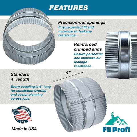 4 Inch Round Duct Coupling Sleeve For Dryer Vent And HVAC Ducting, 4 Inch Long Galvanized Steel Connector, No Fuss Inside Fit Or Outside Fit, Connects Two Same Diameter Ducts, Easy Slip In For Quick Install, Durable Sheet Metal; features view
