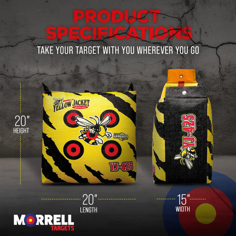 Yellow Jacket Archery Target Bag Portable With Dual Sides And Ten Bullseyes shown with dimensions and logo details