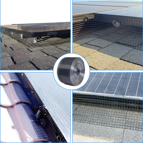 Solar Panel Guard Roll Kit With Half Inch PVC Coated Critter Netting 6 Inch By 100 Foot Black installed on rooftop solar arrays.