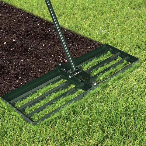 Pro Grade Lawn Leveling Rake With 78 Inch Adjustable Handle Heavy Duty Stainless Steel Ground Plate on grass and soil