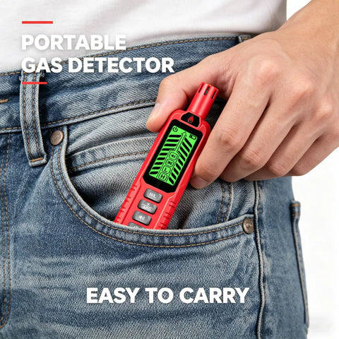 Portable Multi Gas Detector With Quick Response Sensor And Sound And Light Alarm Sniffs Out Methane Propane Natural Gas And Other Flammable Gases Includes Two Batteries Red Ideal For Home And Small Shop Safety, shown in a pocket.