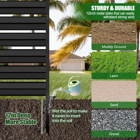 Outdoor Privacy Screens 42 Inch High By 38 Inch Wide Three Panels Black Metal Fence Panels for stable installation in various soil types.