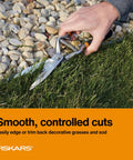 Pro Grade Forged Grass Shears for precise edging on grass beside stones, spring action reduces hand fatigue and offers smooth cuts.