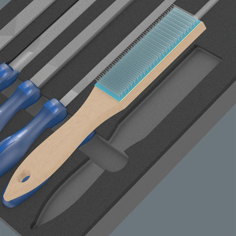 Close-up of Pferd File Set 1 With Foam Insert 6 Piece Tool Organizer showing files and brush in two-color foam insert