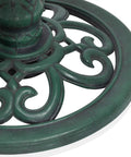 Close-up of the ornate scrollwork base on the Pedestal Birdbath with Scrollwork in Aged Green for outdoor gardens and patios.