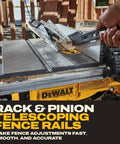 Built Like A Tank Portable Table Saw equipped with sturdy rolling cart, showcasing rack and pinion telescoping fence rails.
