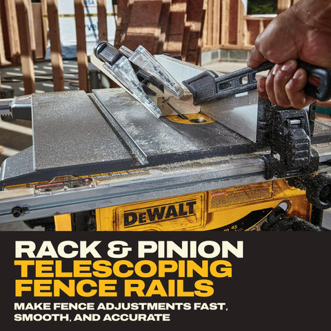 Built Like A Tank Portable Table Saw equipped with sturdy rolling cart, showcasing rack and pinion telescoping fence rails.